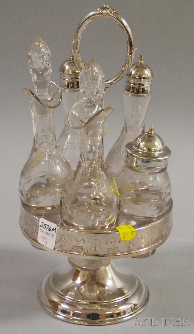 Appraisal: Victorian-style Cruet Set with five etched glass cruets and bottles