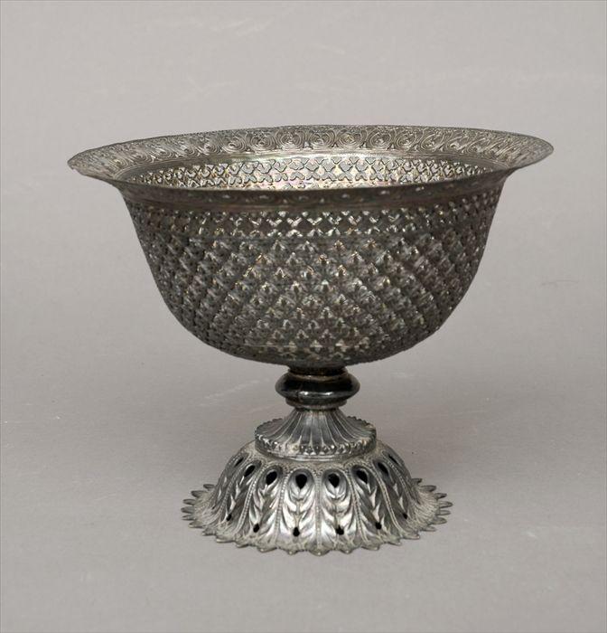 Appraisal: Indian Silvered Metal Pierced Footed Bowl in in diam