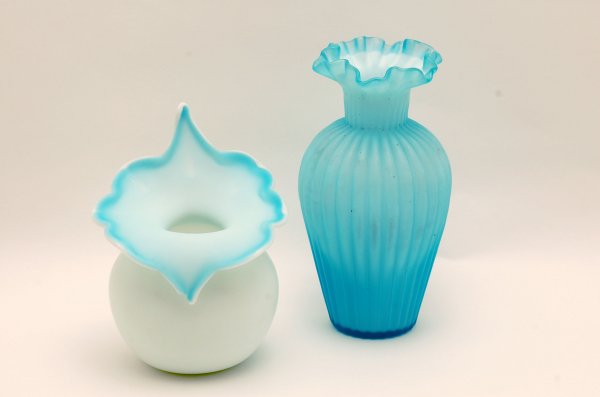 Appraisal: Two Victorian blue satin glass vases one small jack in