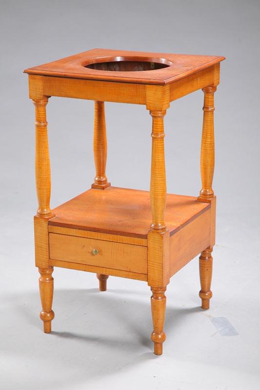 Appraisal: WASHSTAND Curly maple stand with cherry top and mid shelf