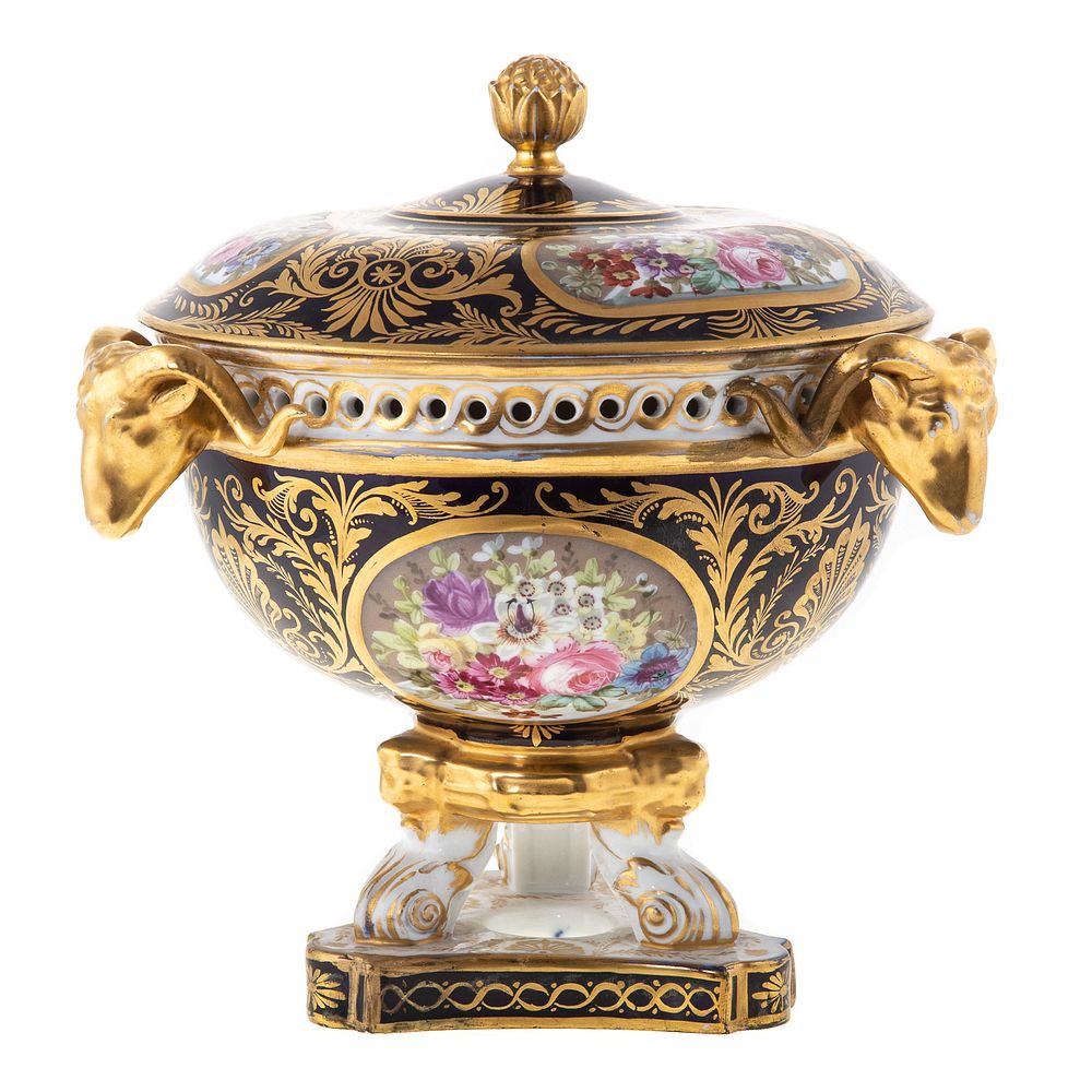 Appraisal: Derby Potpourri Urn Circa - elaborate vessel with cobalt ground