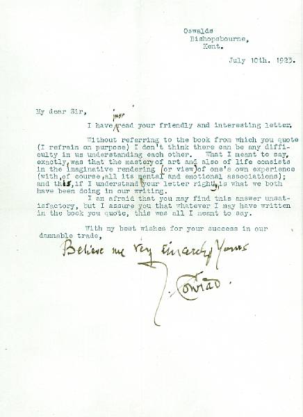 Appraisal: CONRAD JOSEPH - Typed Letter Signed J Conrad with manuscript