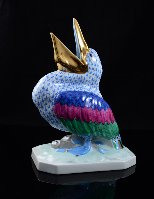 Appraisal: HEREND PORCELAIN PELICAN FIGURINE Polychrome hand painted impressed VBO on