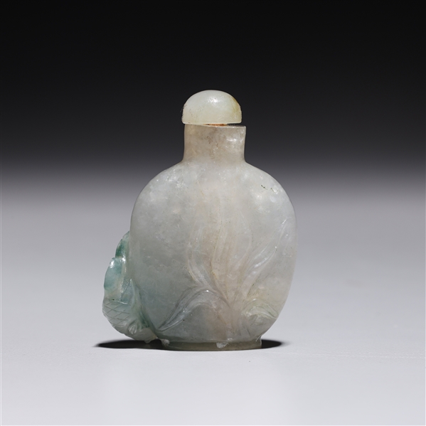 Appraisal: Chinese carved jadeite snuff bottle with matching stopper fish in