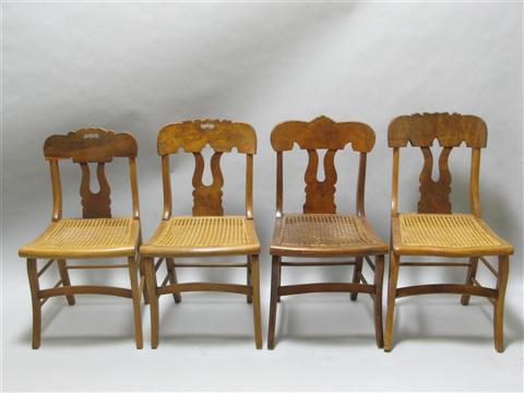 Appraisal: FOUR EMPIRE MAPLE WALNUT SIDE CHAIRS Assembled each with sabre