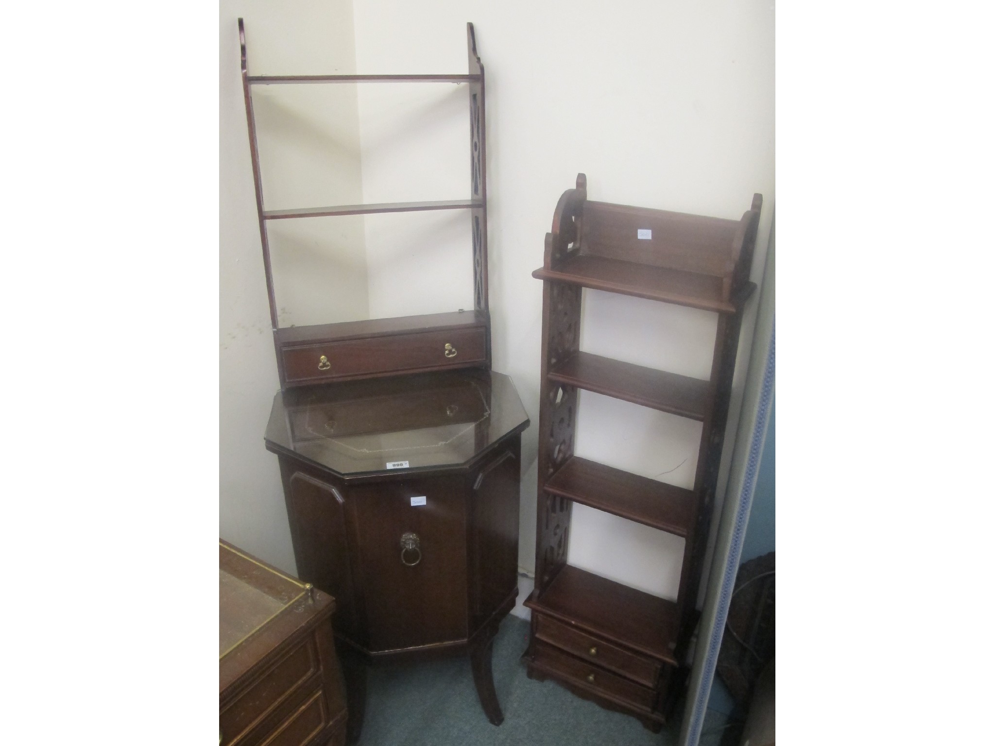 Appraisal: Two reproduction wall shelves and an octagonal cupboard