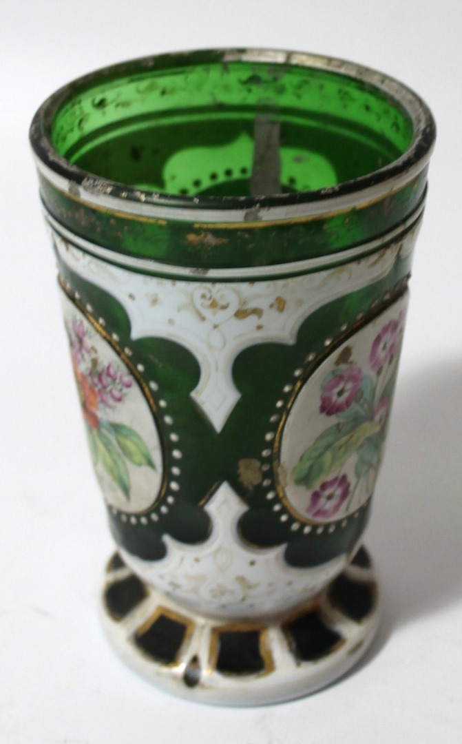 Appraisal: thC Bohemian green glass gilt highlighted and enamel beaker the