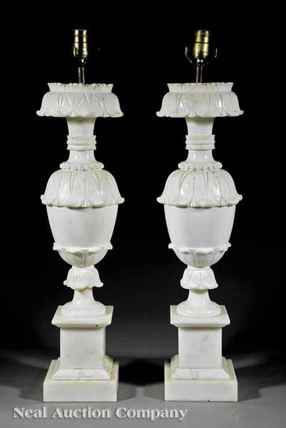 Appraisal: A Pair of Antique Carrara Marble Lamps th c urn