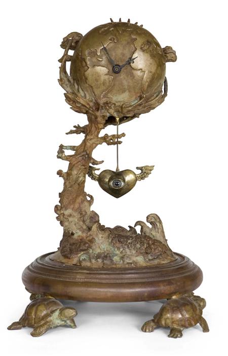 Appraisal: PATINATED BRONZE GLOBE MANTEL CLOCK BY MARK BRAZIER-JONES DATED cast