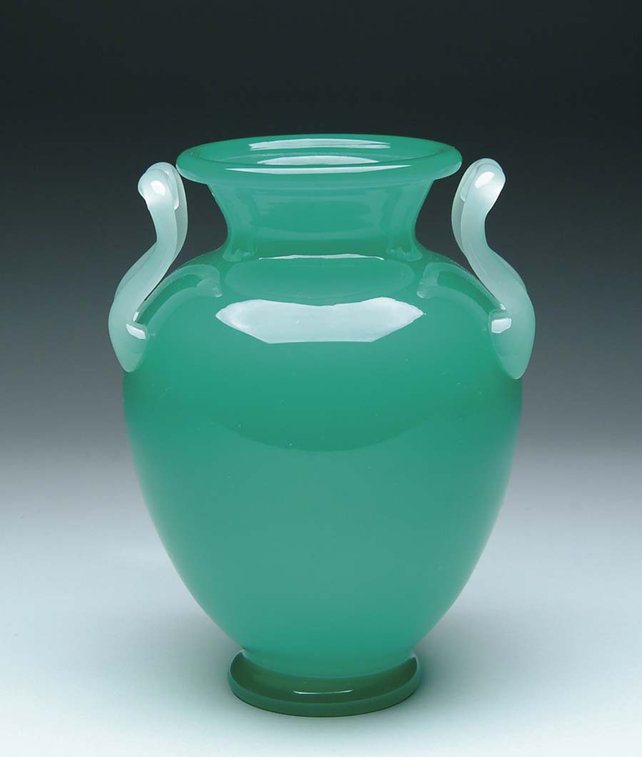 Appraisal: STEUBEN GREEN JADE VASE Striking green jade urn shaped vase