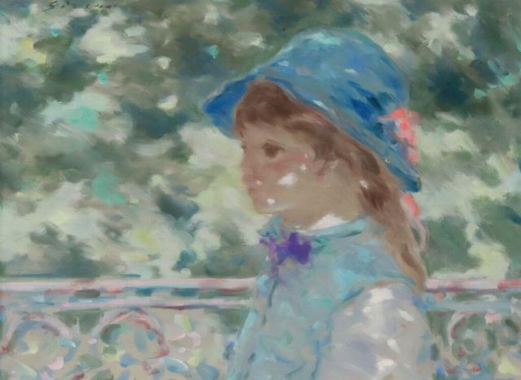 Appraisal: Framed oil on canvas painting Young Girl in Blue Hat