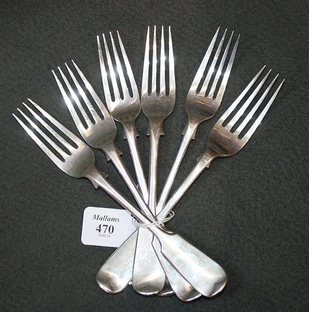 Appraisal: FIVE LATE VICTORIAN SILVER FIDDLE PATTERN TABLE FORKS London by