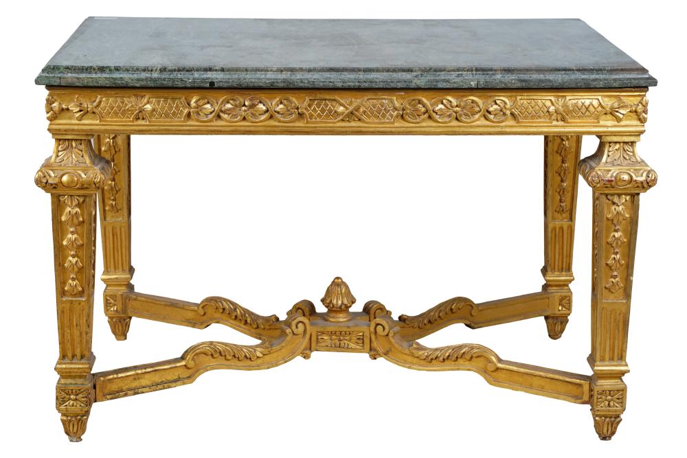 Appraisal: LOUIS XIV-STYLE GILTWOOD SIDE TABLEwith grey marble top over a