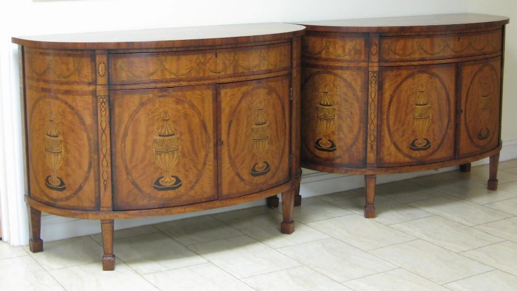 Appraisal: Pair of Sheraton style satinwood and mahogany demi lune Side