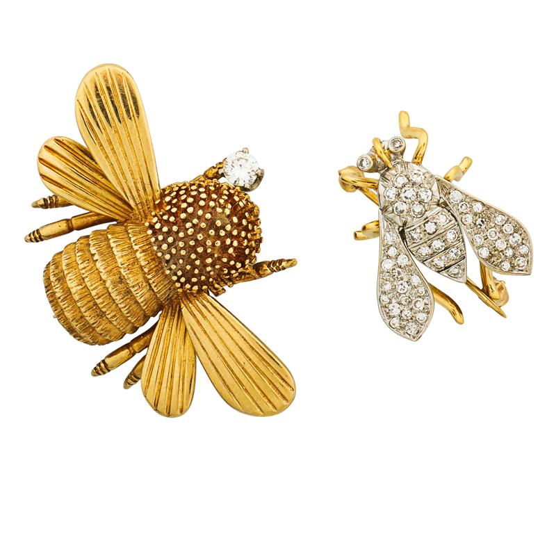 Appraisal: TWO GOLD INSECT BROOCHES WITH DIAMONDS Naturalistic k yg fly