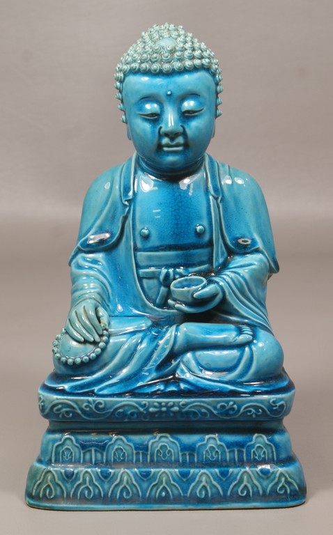 Appraisal: Blue Glazed Figure of Seated Buddha with begging bowl minor