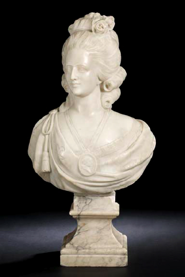 Appraisal: After Jean-Baptiste Pigalle French - carved white marble engagement portrait