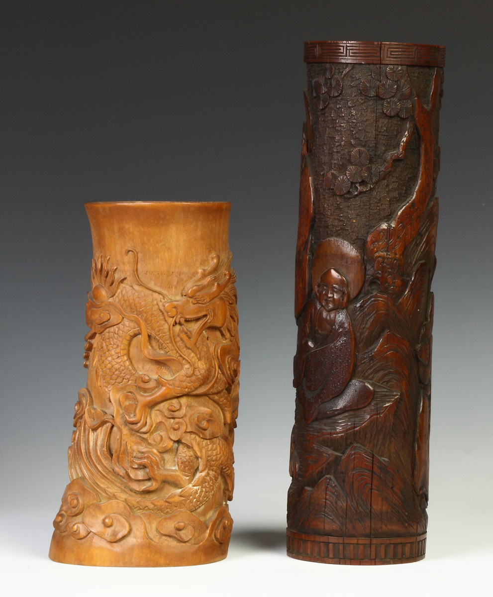 Appraisal: Two Carved Bamboo Vases R Sgn some age cracks