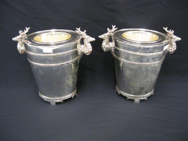 Appraisal: Pair of Silverplate Wine Coolers elk head Greek key design