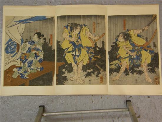 Appraisal: Japanese triptych woodblock print depicting two male figures dressed in