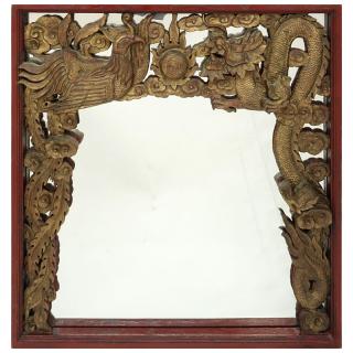 Appraisal: Chinese Hand Carved Painted Wood Frame Wall Mirror Chinese Hand