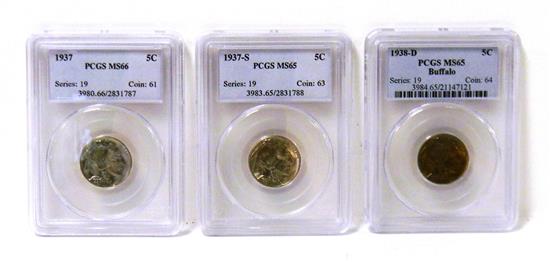 Appraisal: COINS Three PCGS graded Buffalo nickels contained in hard plastic