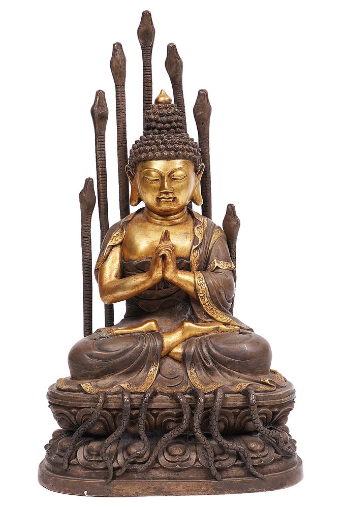 Appraisal: Naga Thai Gilt Patinated Bronze Buddha Statue Naga Thai buddha