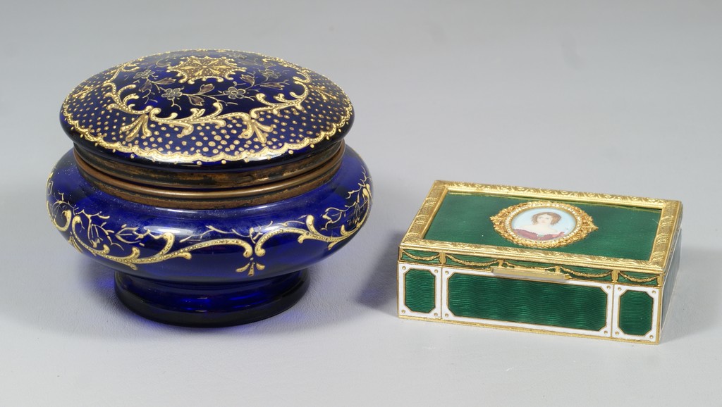 Appraisal: Cobalt Blue Glass Enameled Dresser Box together with a modern