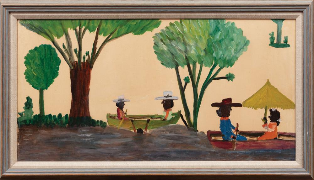 Appraisal: Clementine Hunter American Louisiana - Boating oil on canvas unsigned