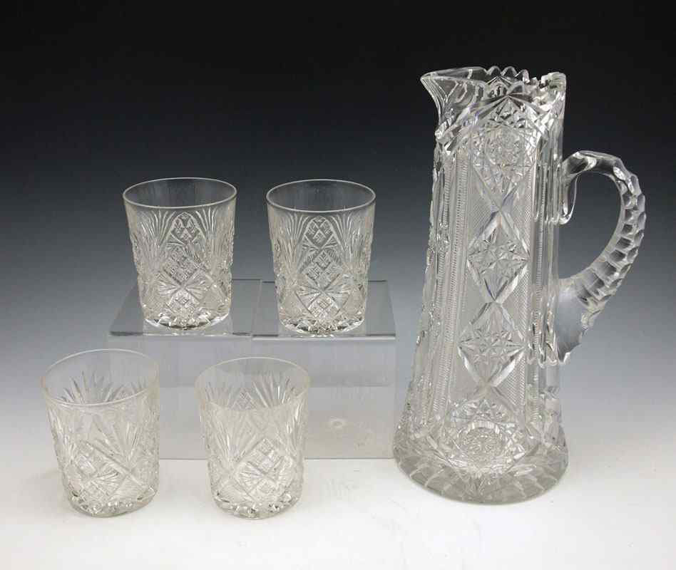 Appraisal: AMERICAN BRILLIANT CUT GLASS PITCHER AND TUMBLERS To include Profusely