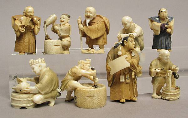 Appraisal: A group of nine tinted ivory figural netsuke and okimono