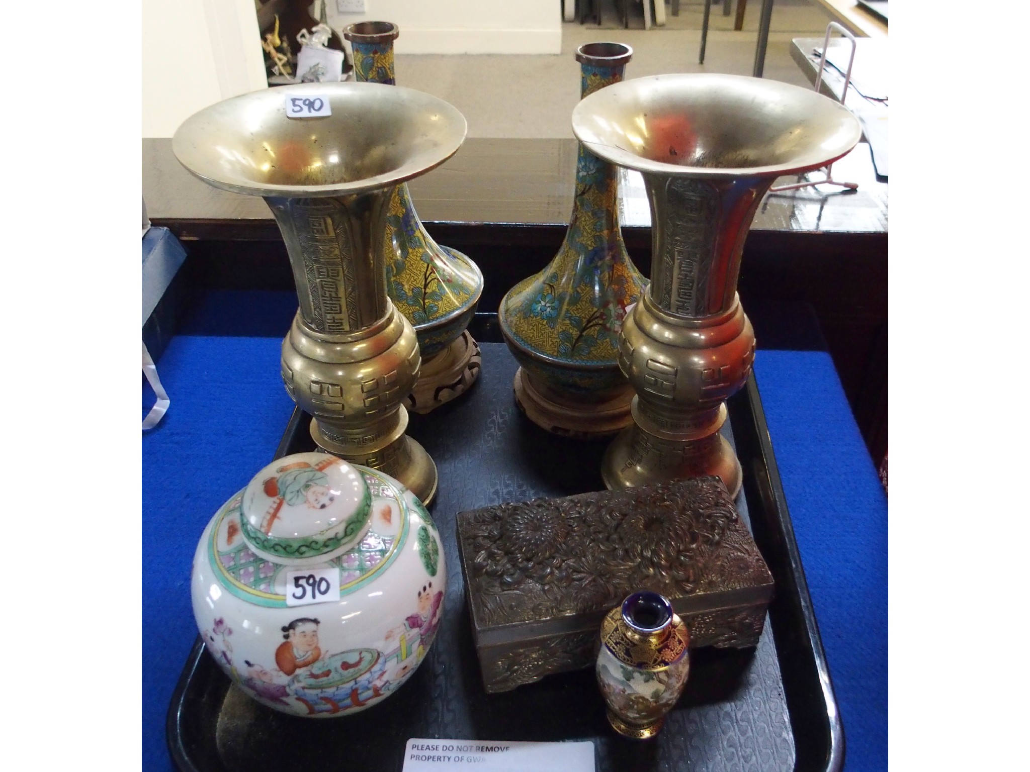 Appraisal: Pair of cloisonne vases on stands pair of Chinese brass