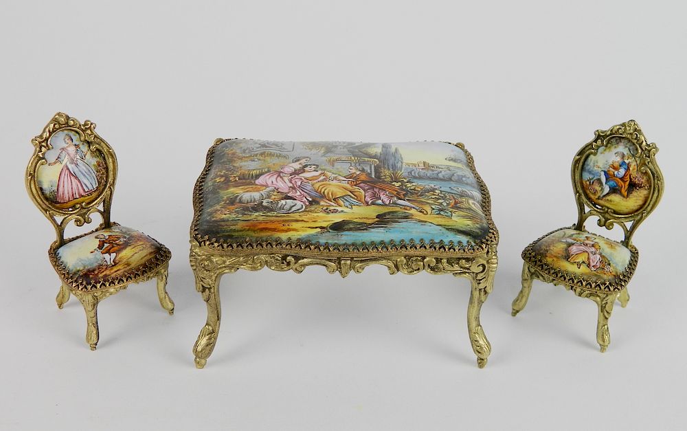 Appraisal: Miniature French enamel table and chair Miniature French enamel table