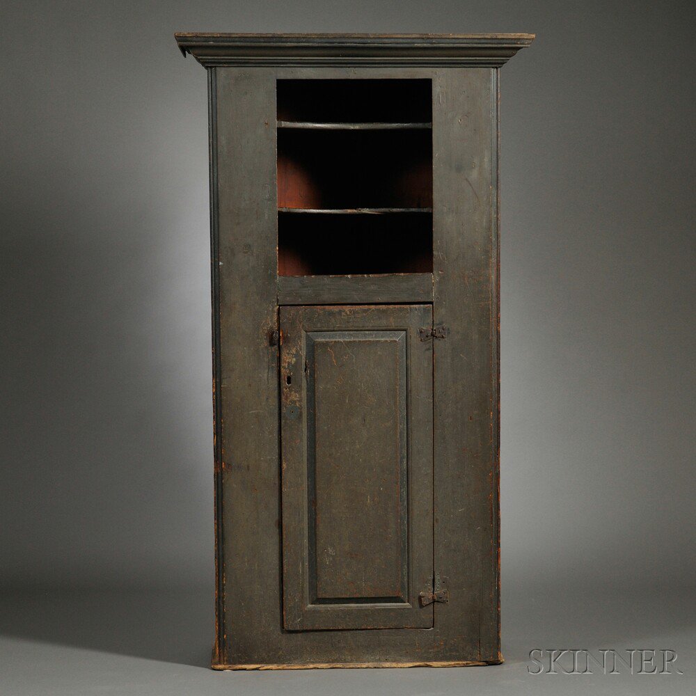 Appraisal: Blue Green-painted Cupboard New England th century with deep molded