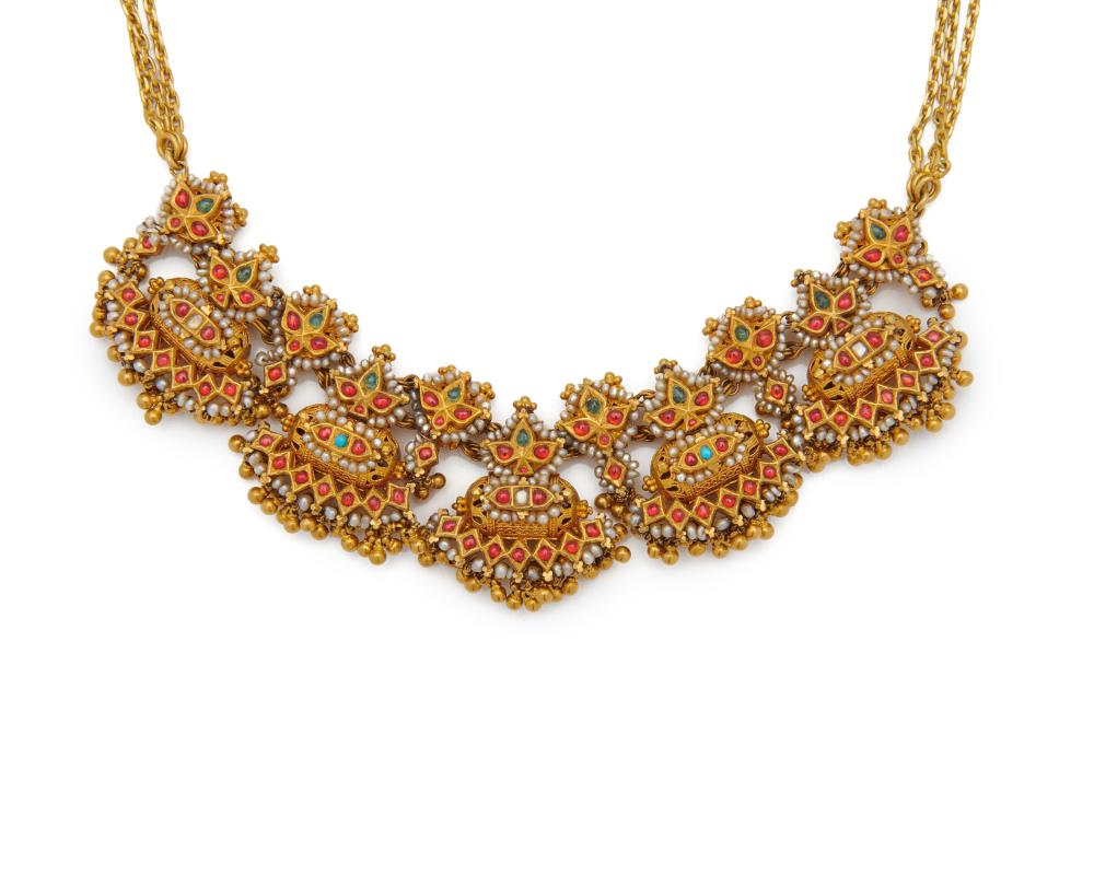 Appraisal: K Gold Ruby Emerald and Seed Pearl Necklace India ca