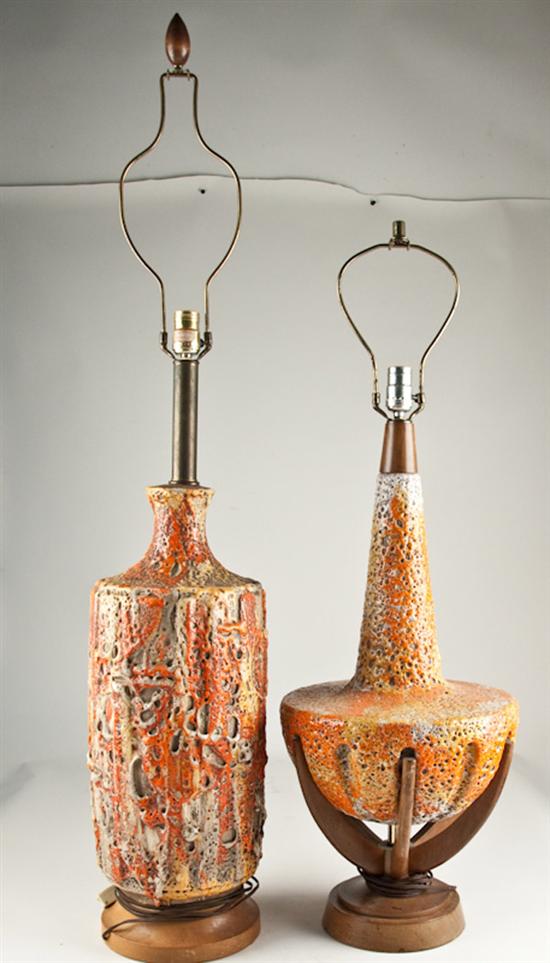 Appraisal: Two Large Orange Volcano Glaze Table Lamps Tallest H