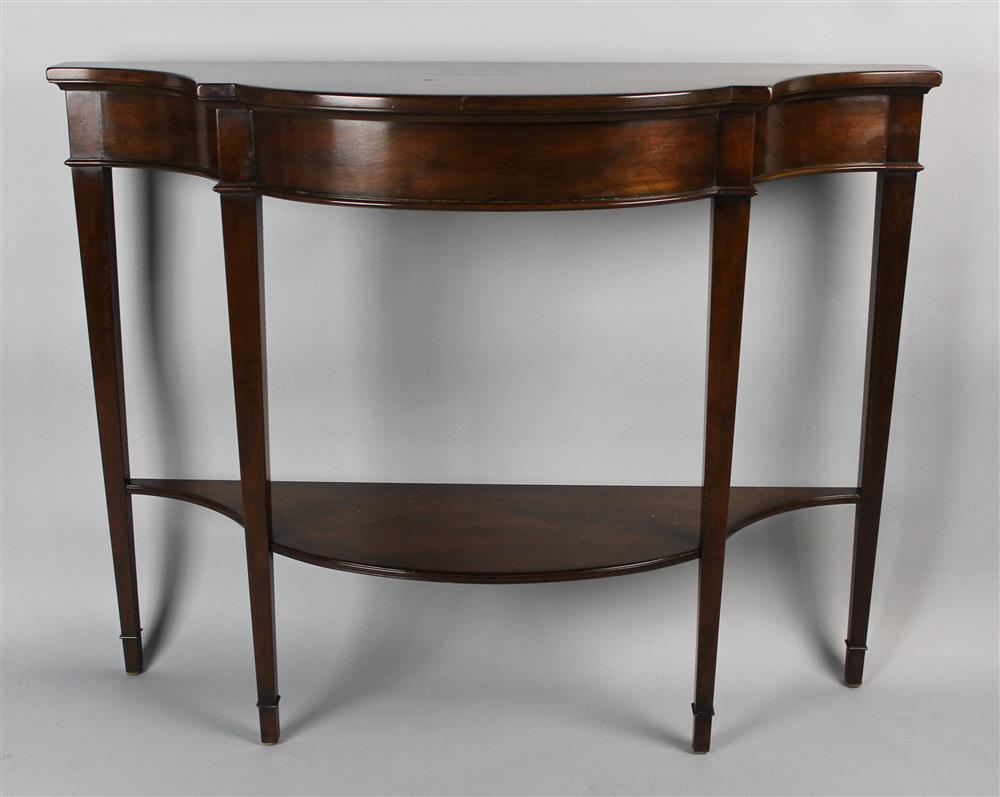 Appraisal: T KITTINGER MAHOGANY CONSOLE TABLE WITH LOWER SHELF scalloped molded