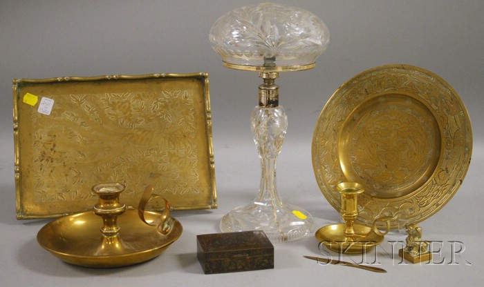 Appraisal: Colorless Cut Glass Boudoir Lamp and Six Brass Decorative Items