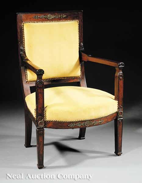 Appraisal: An Empire Bronze-Mounted Mahogany Fauteuil th c molded square back