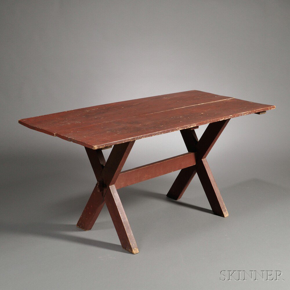 Appraisal: Red-painted Pine Sawbuck Table New England late th early th