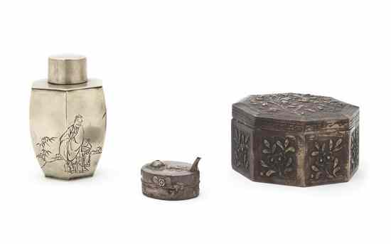 Appraisal: A Japanese Silvered Metal Flask of hexagonal form depicting a