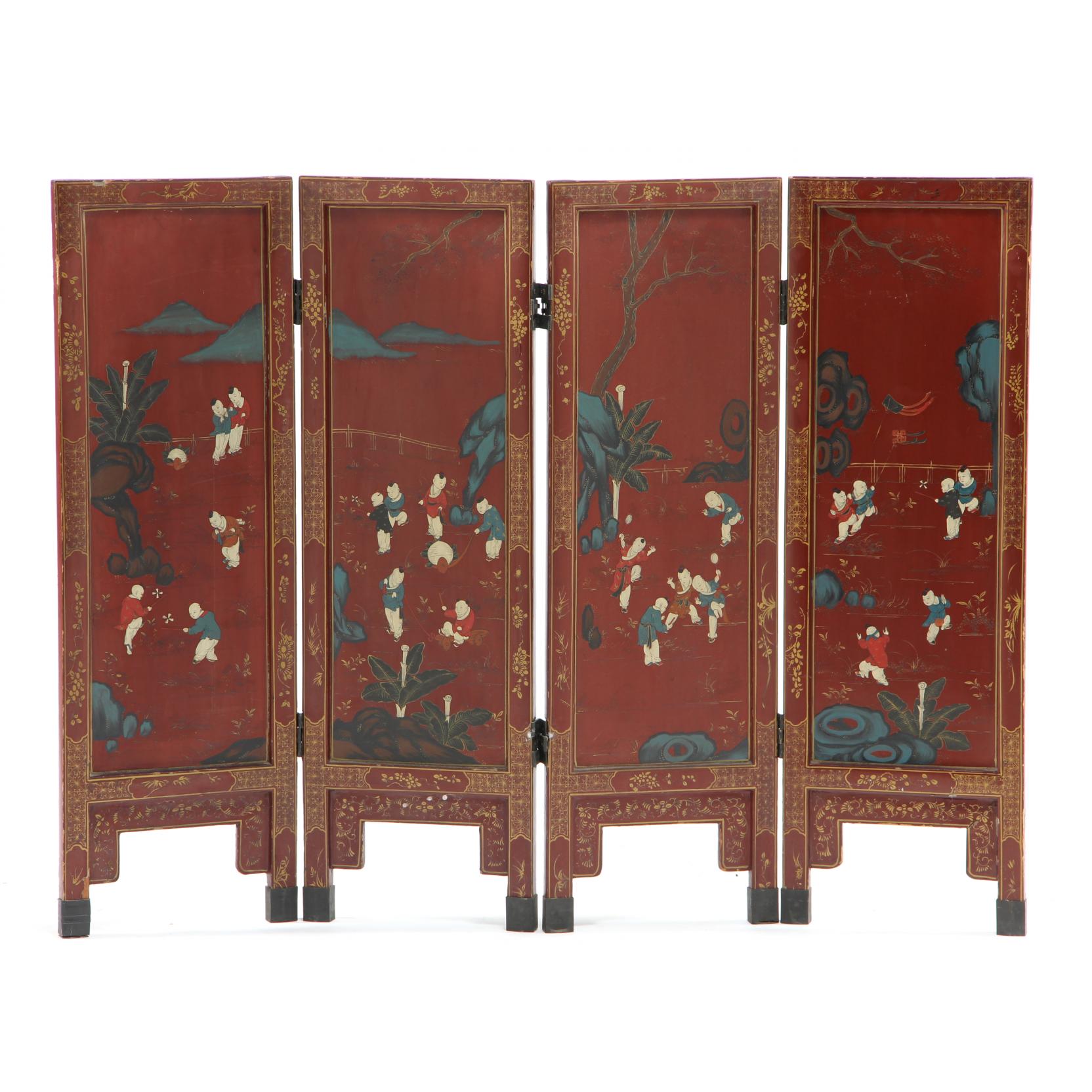 Appraisal: Chinese Folding Screen painted red lacquer surfaces featuring children at