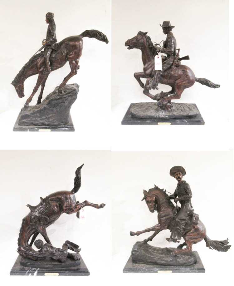 Appraisal: FOUR WESTERN BRONZE HORSE AND RIDER SCULPTURES after Frederic Sackrider