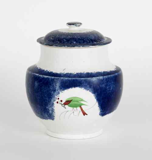 Appraisal: Blue spatter covered sugar with a parrot th c h