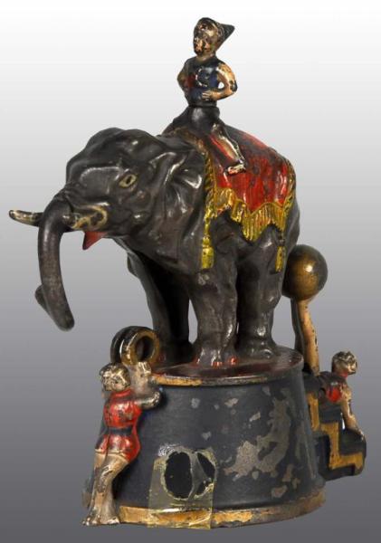 Appraisal: Cast Iron Elephant Clowns Mechanical Bank Description Manufactured by J