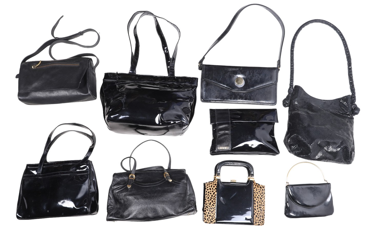 Appraisal: Black and patent leather vintage purses textured leather faux leopard