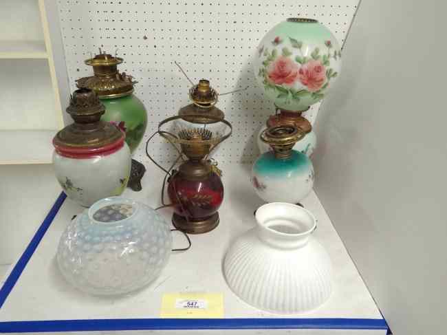 Appraisal: Lot misc oil lamps and shades One signed Bradley Hubbard