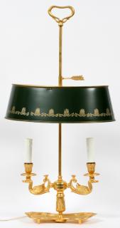 Appraisal: BRASS BOULLIOTTE TABLE-LAMP WITH ADJUSTABLE TOLE SHADE H DIA Green