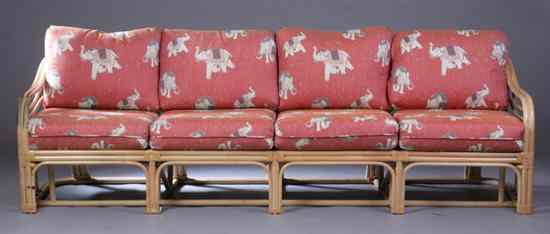 Appraisal: THREE-PIECE BENT-BAMBOO SEATING GROUP with printed elephant upholstery Loose cushions