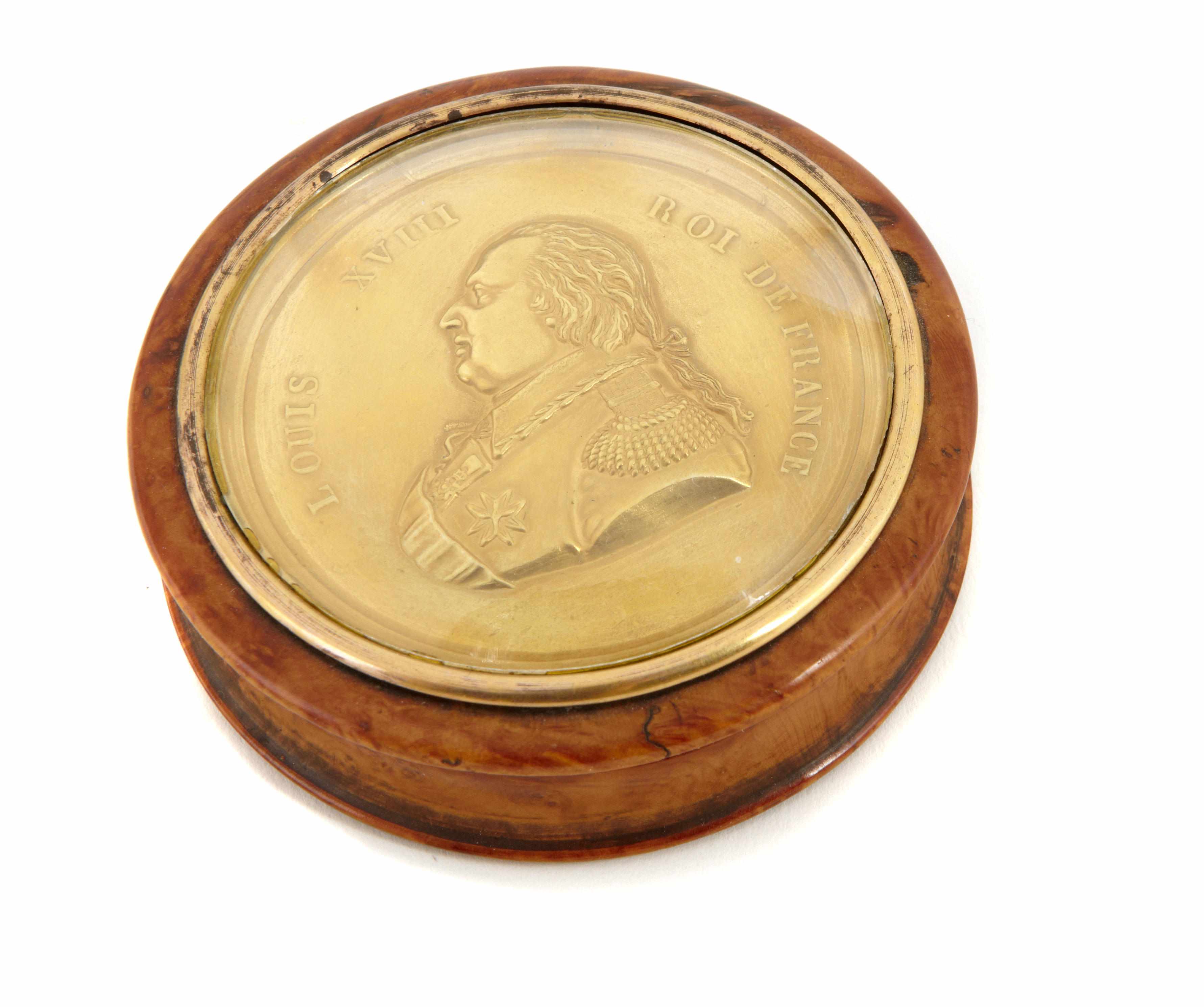 Appraisal: A French burlwood and gilt metal snuff box inset with